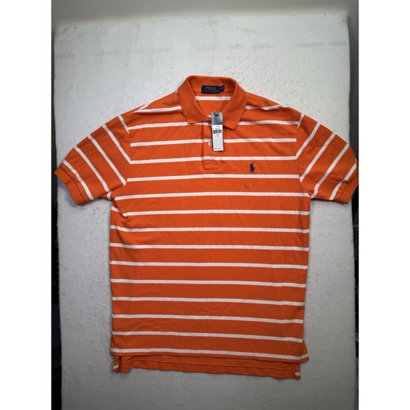 Polo Ralph Lauren Mesh Polo Shirt Striped Orange White Mens L NEW WITH TAGS - Picture 1 of 7
